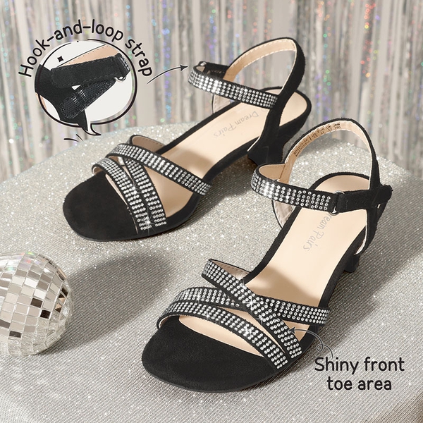 Girls Rhinestone Low Heel Sandals - BLACK - 2